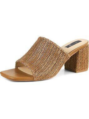 Women's Tan Rubber Square Toe Mules Block Summer Chunky Elegent Slip On Heels